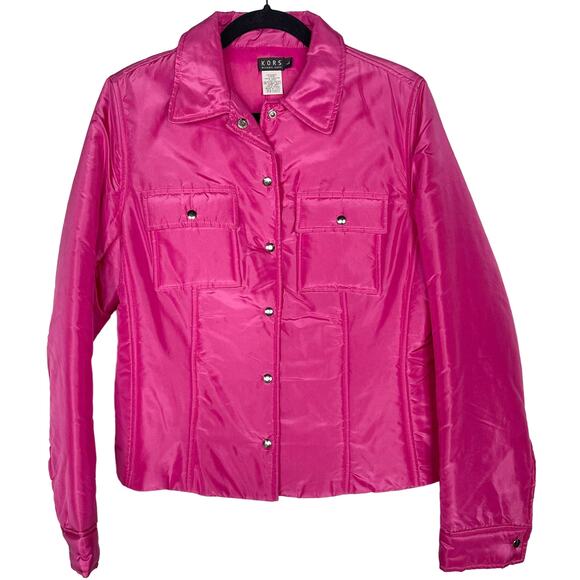 Kors Michael Kors Women L Hot Pink Vintage Snap Button Front Silk Jacket Quilted - Picture 1 of 6